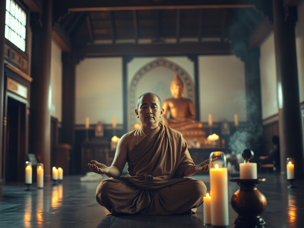 Hình ảnh một vị sư thầy ngồi thiền trong tư thế hoa sen, ánh sáng vàng dịu từ nến và nhang tỏa ra, không gian chùa cổ kính thanh tịnh, tạo cảm giác an lạc tâm hồn khi nghe kinh Phật khi ngủ. Hình ảnh một vị sư thầy ngồi thiền trong tư thế hoa sen, ánh sáng vàng dịu từ nến và nhang tỏa ra, không gian chùa cổ kính thanh tịnh, tạo cảm giác an lạc tâm hồn khi nghe kinh Phật khi ngủ.