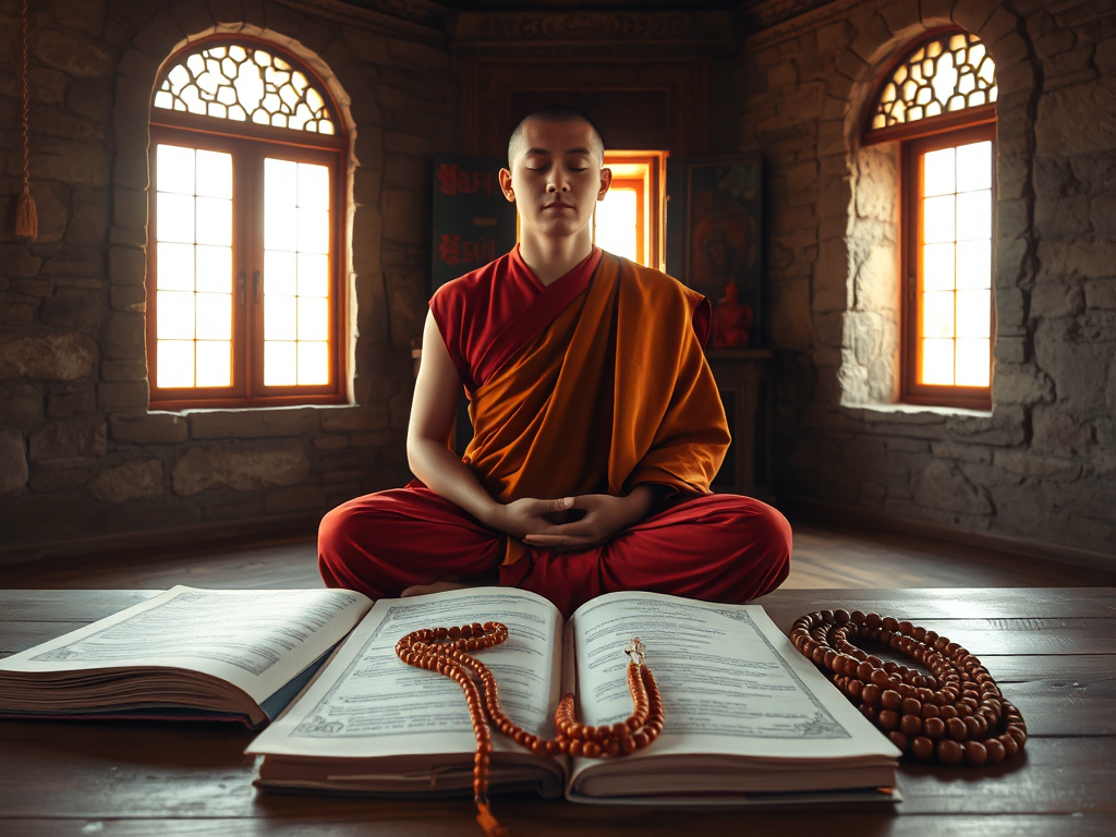 Hình ảnh một vị sư thầy ngồi thiền trong tư thế hoa sen, ánh sáng vàng dịu từ cửa sổ chùa chiếu vào, kinh Phật và tràng hạt trên bàn gỗ, khung cảnh chùa cổ kính với tường đá.