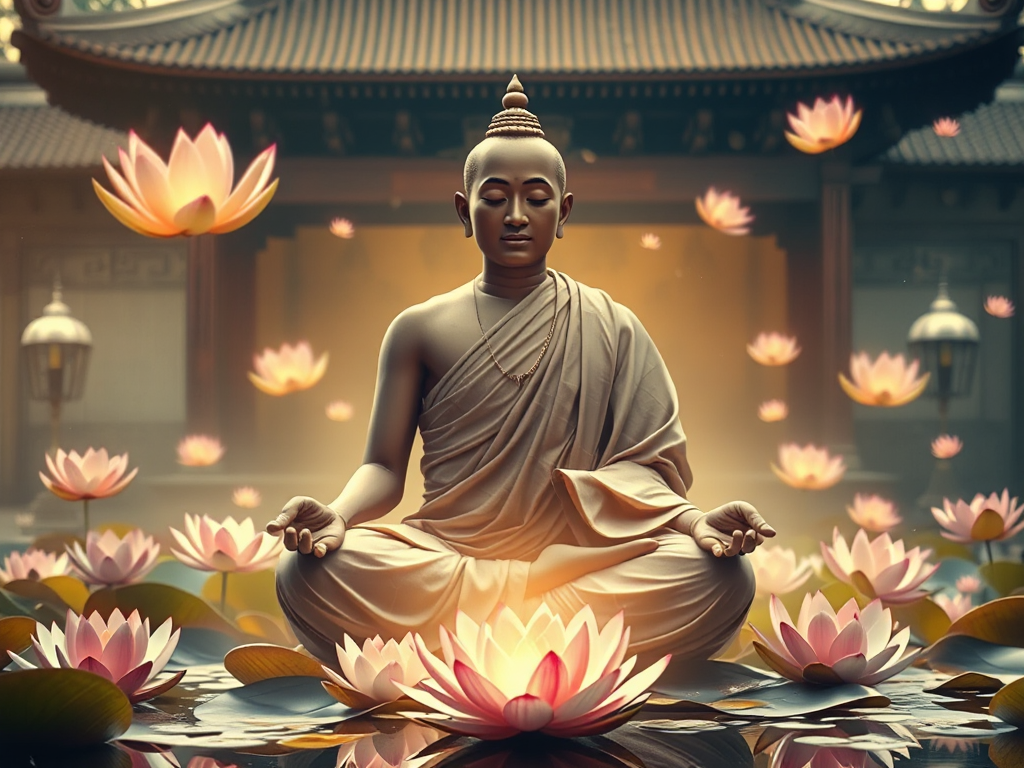 Hình ảnh một vị sư thầy ngồi thiền trong tư thế hoa sen, bao quanh bởi hoa sen và năng lượng tâm linh, ánh sáng vàng dịu nhẹ, khung cảnh chùa cổ truyền thống Á Đông.