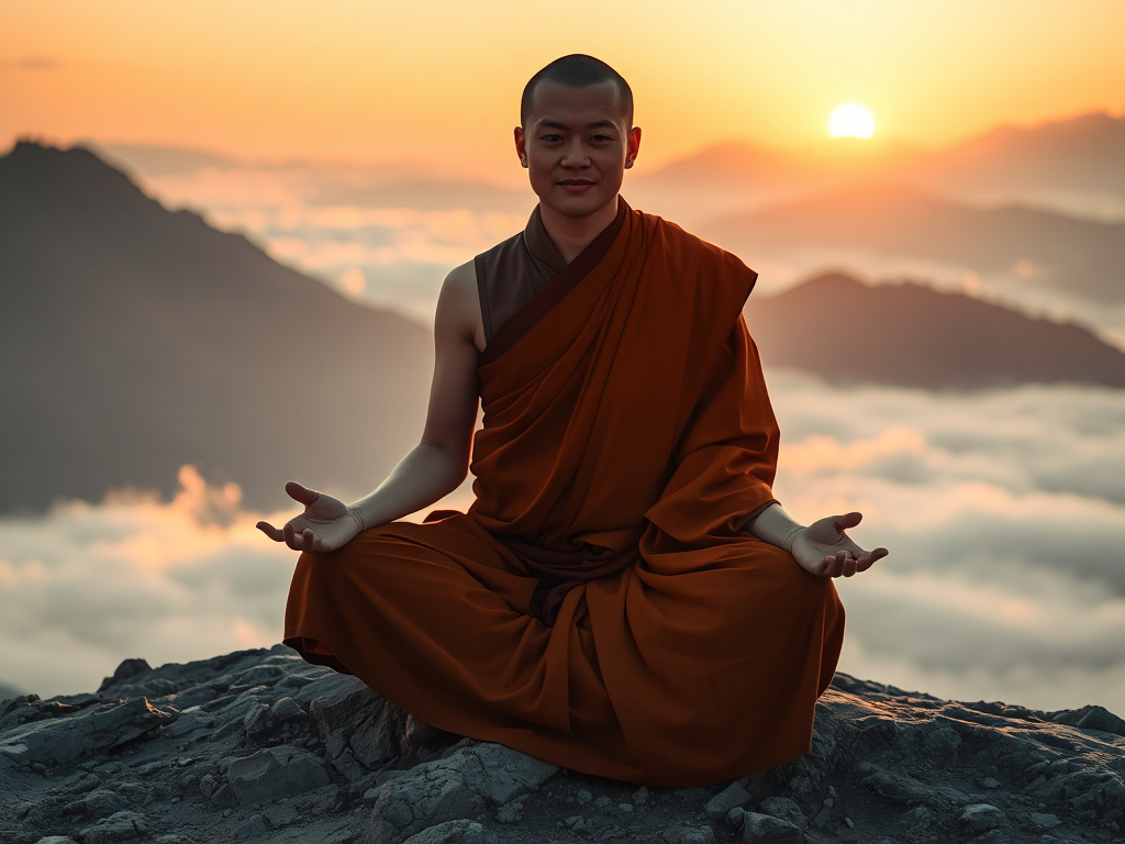 Hình ảnh một vị sư thiền định trên đỉnh núi vào bình minh, ánh sáng vàng dịu nhẹ tôn lên vẻ thanh thản, trang phục truyền thống bay trong gió nhẹ Hình ảnh một vị sư thiền định trên đỉnh núi vào bình minh, ánh sáng vàng dịu nhẹ tôn lên vẻ thanh thản, trang phục truyền thống bay trong gió nhẹ