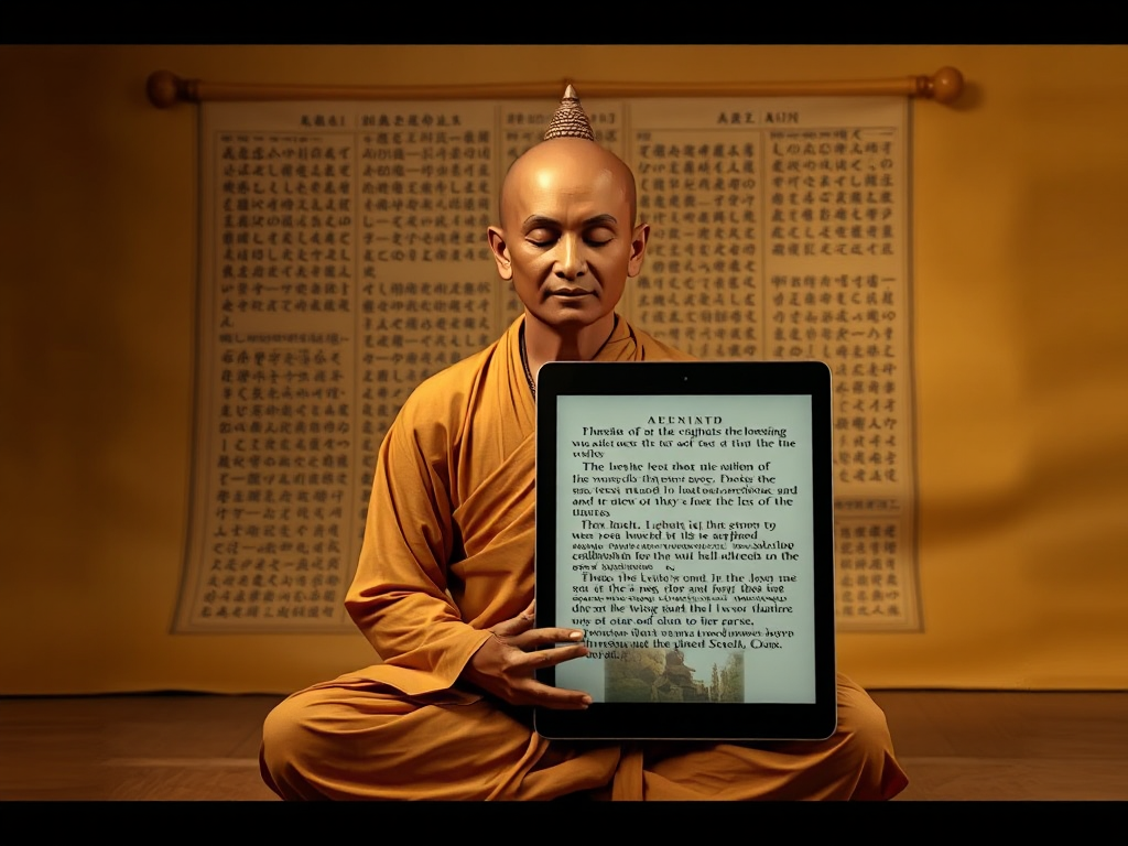 Hình ảnh một vị sư thiền định trong tư thế hoa sen, phía sau là những cuộn giấy cổ xưa và máy tính bảng hiện đại hiển thị bản dịch kinh Pháp Cú, ánh sáng vàng ấm áp tạo không gian thanh tịnh