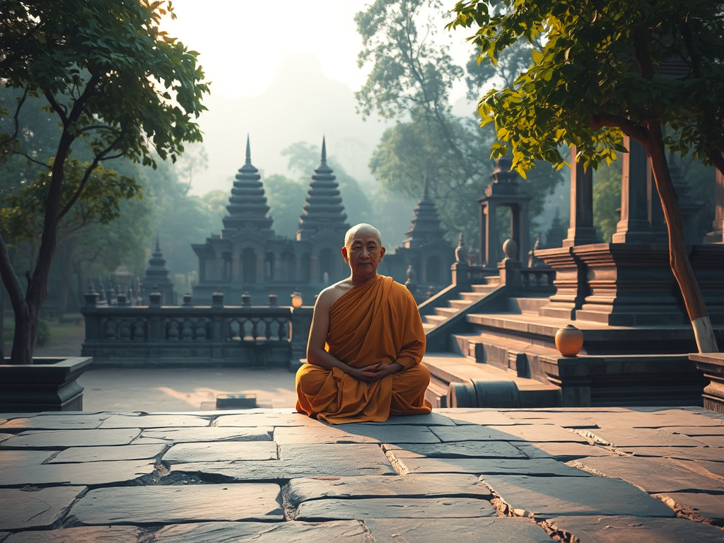 Hình ảnh một vị sư thiền định trong tư thế hoa sen trên nền chùa cổ, ánh sáng dịu nhẹ buổi sáng tạo không gian thanh tịnh, phong cách nghệ thuật truyền thống Á Đông.