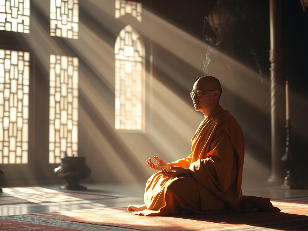 Hình ảnh một vị sư tĩnh tọa trong tư thế thiền định tại chùa, ánh sáng mặt trời chiếu qua cửa sổ, khói hương bay nhẹ, tạo cảm giác thanh tịnh và an lạc