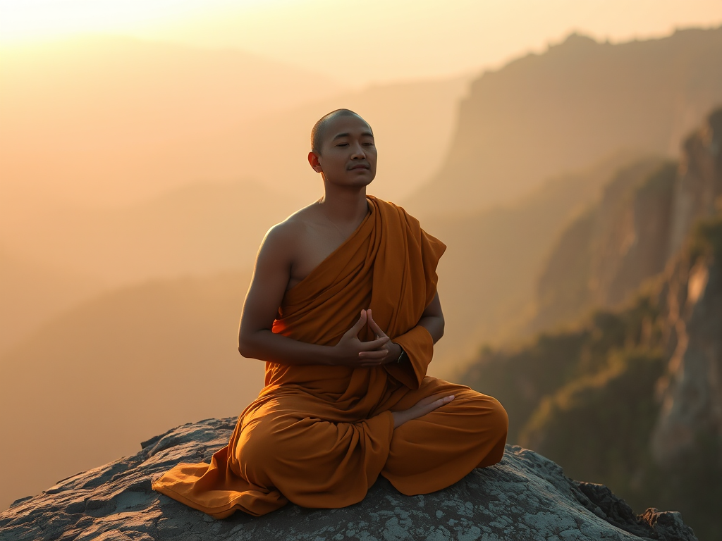Hình ảnh một vị tăng đang ngồi thiền trên vách đá núi vào lúc bình minh, ánh sáng vàng dịu nhẹ tôn lên vẻ thanh thản trên khuôn mặt, trang phục cà sa truyền thống bay trong gió nhẹ Hình ảnh một vị tăng đang ngồi thiền trên vách đá núi vào lúc bình minh, ánh sáng vàng dịu nhẹ tôn lên vẻ thanh thản trên khuôn mặt, trang phục cà sa truyền thống bay trong gió nhẹ