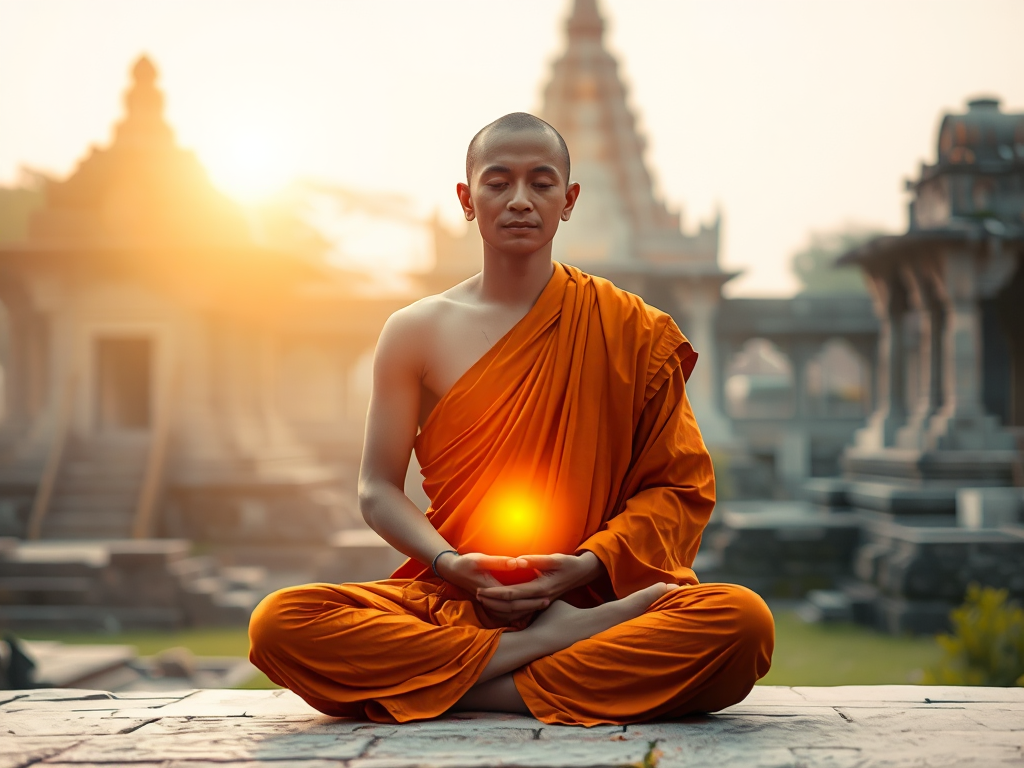 Hình ảnh một vị tăng sĩ ngồi thiền trong tư thế hoa sen, ánh sáng vàng rực rỡ tỏa ra từ trái tim, phía sau là tàn tích đền chùa Ấn Độ cổ kính, minh họa tinh thần Kinh Chuyển Pháp Luân. Hình ảnh một vị tăng sĩ ngồi thiền trong tư thế hoa sen, ánh sáng vàng rực rỡ tỏa ra từ trái tim, phía sau là tàn tích đền chùa Ấn Độ cổ kính, minh họa tinh thần Kinh Chuyển Pháp Luân.
