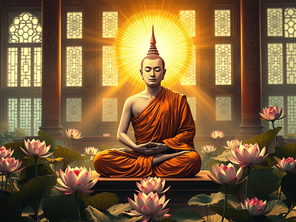 Hình ảnh một vị tăng sĩ Phật giáo đang ngồi thiền trong tư thế hoa sen, tỏa ánh hào quang vàng, xung quanh là những bông sen nở rộ trong ánh sáng buổi sáng tại chùa chiền theo phong cách nghệ thuật... Hình ảnh một vị tăng sĩ Phật giáo đang ngồi thiền trong tư thế hoa sen, tỏa ánh hào quang vàng, xung quanh là những bông sen nở rộ trong ánh sáng buổi sáng tại chùa chiền theo phong cách nghệ thuật...