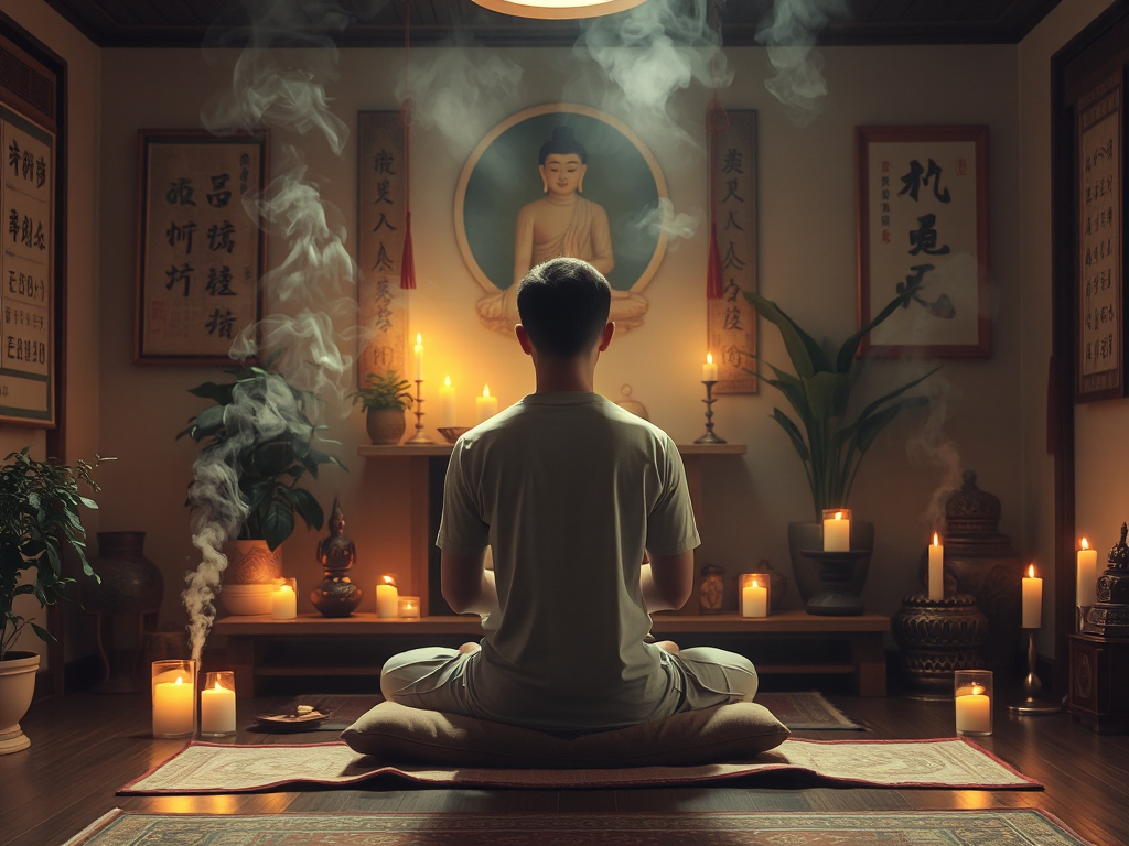 Hình ảnh người đang ngồi thiền trên đệm tại bàn thờ gia đình, xung quanh có khói hương và ánh nến dịu nhẹ, thể hiện không gian tụng kinh trang nghiêm và thanh tịnh tại nhà. Hình ảnh người đang ngồi thiền trên đệm tại bàn thờ gia đình, xung quanh có khói hương và ánh nến dịu nhẹ, thể hiện không gian tụng kinh trang nghiêm và thanh tịnh tại nhà.