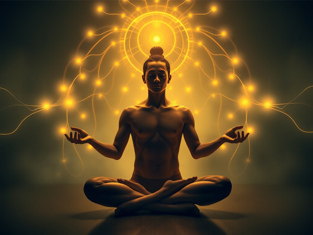 Hình ảnh người đang ngồi thiền trong tư thế hoa sen với các đường năng lượng phát sáng xung quanh, biểu tượng cho sự thanh tịnh và tập trung tinh thần trong Kinh Tập.