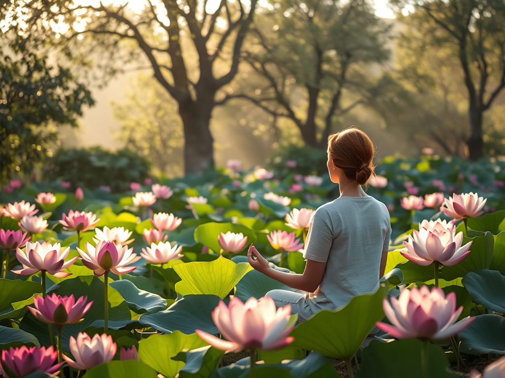 Hình ảnh người đang thiền định trong khu vườn yên bình với hoa sen nở rộ và ánh sáng buổi sáng dịu nhẹ, tượng trưng cho sự thanh tịnh trong tâm hồn. Hình ảnh người đang thiền định trong khu vườn yên bình với hoa sen nở rộ và ánh sáng buổi sáng dịu nhẹ, tượng trưng cho sự thanh tịnh trong tâm hồn.