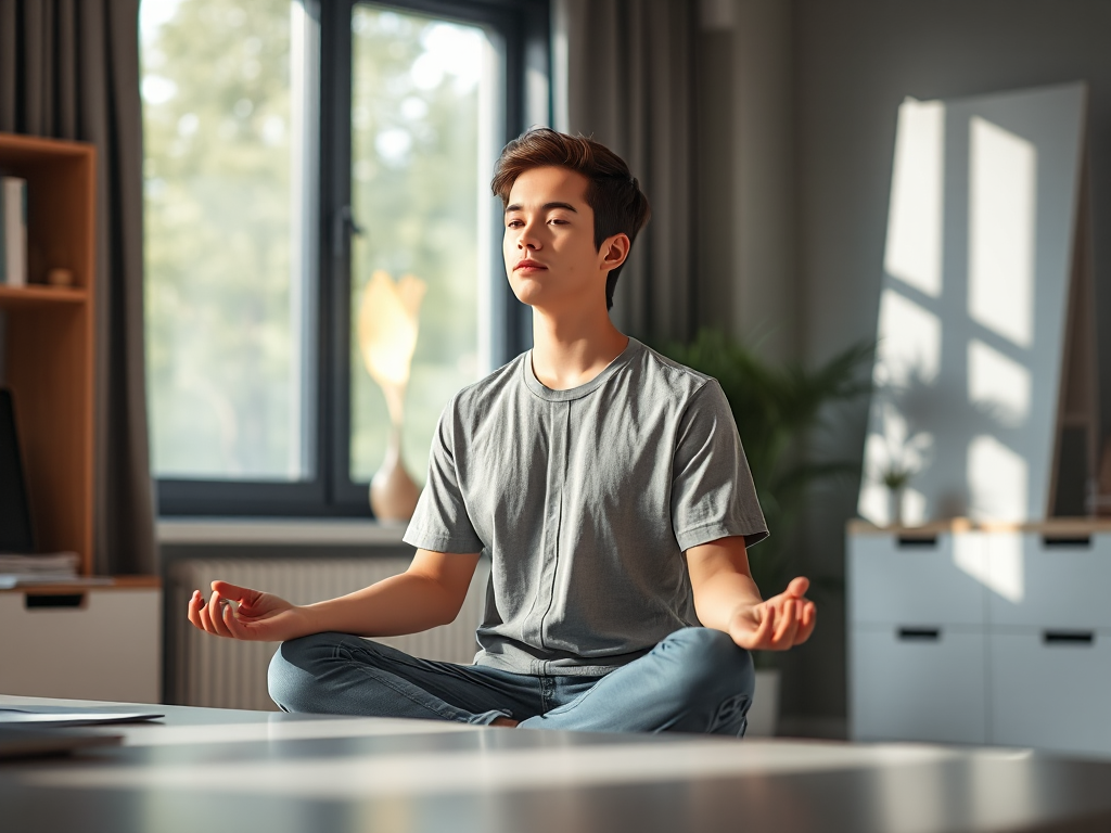 Hình ảnh người trẻ tuổi thiền định trong văn phòng làm việc với ánh sáng tự nhiên dịu nhẹ, thể hiện sự bình tĩnh và tập trung trong môi trường công sở hiện đại Hình ảnh người trẻ tuổi thiền định trong văn phòng làm việc với ánh sáng tự nhiên dịu nhẹ, thể hiện sự bình tĩnh và tập trung trong môi trường công sở hiện đại