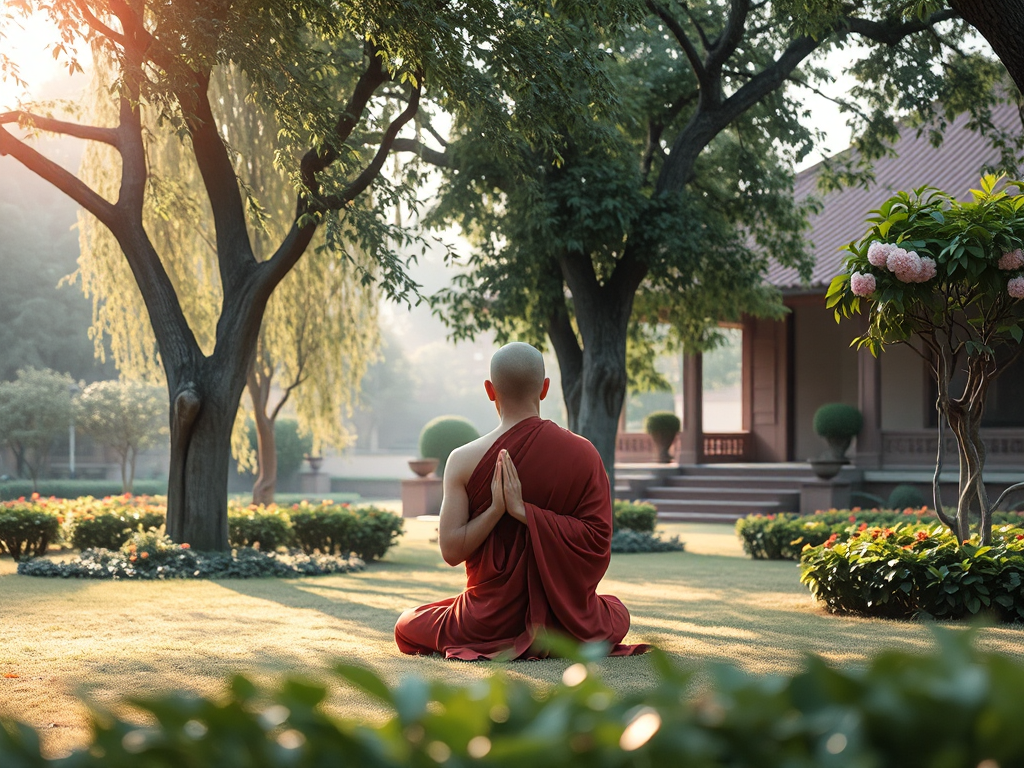 Hình ảnh người tu tập Phật giáo ngồi thiền trong khu vườn yên tĩnh, ánh sáng buổi sáng nhẹ nhàng chiếu qua tán cây, kiến trúc Việt Nam truyền thống phía sau, tạo nên không gian thanh tịnh và trang ...