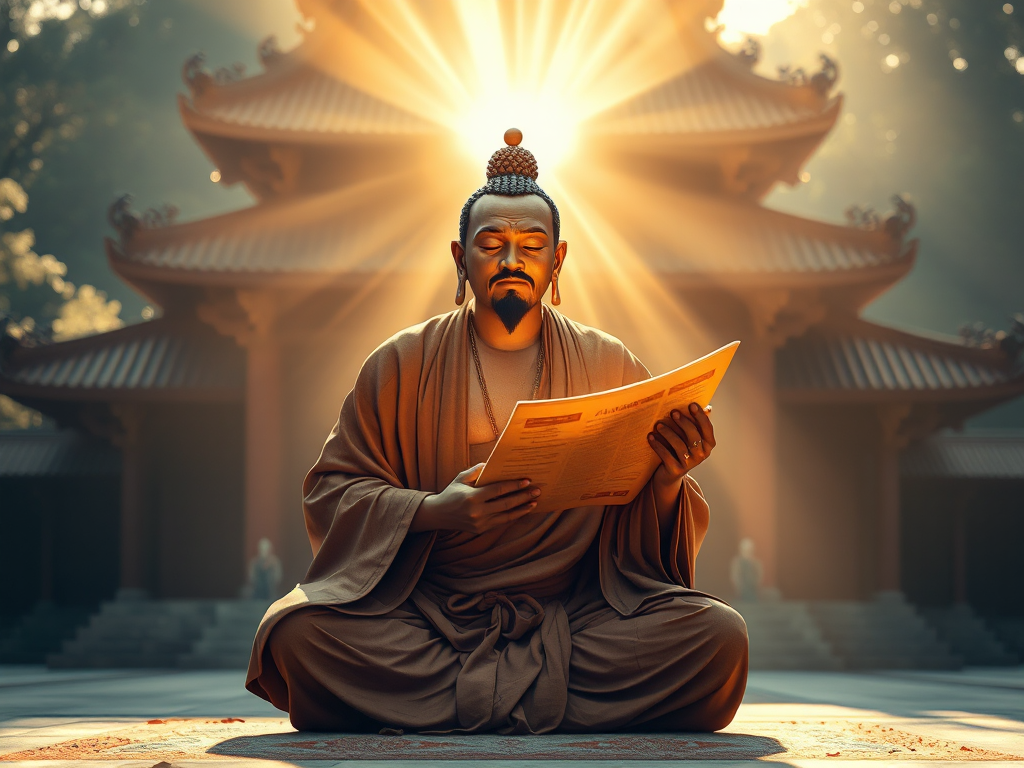 Hình ảnh nhà sư cổ đại đang ngồi thiền cầm cuộn giấy thiêng liêng, ánh sáng huyền ảo tỏa ra xung quanh, khung cảnh chùa thanh tịnh, phong cách nghệ thuật Á Đông truyền thống Hình ảnh nhà sư cổ đại đang ngồi thiền cầm cuộn giấy thiêng liêng, ánh sáng huyền ảo tỏa ra xung quanh, khung cảnh chùa thanh tịnh, phong cách nghệ thuật Á Đông truyền thống
