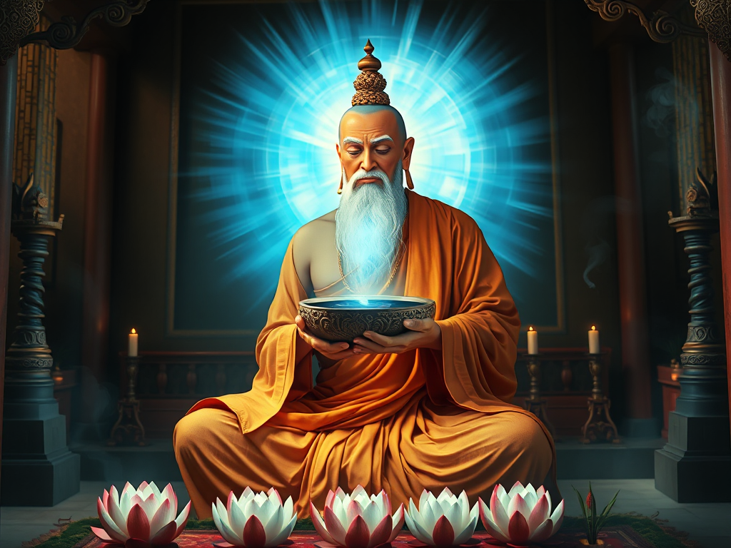 Hình ảnh nhà sư cổ đại ngồi thiền với bát nước thánh, ánh sáng xanh trắng huyền ảo tỏa ra, trong không gian chùa cổ với hoa sen và khói hương nghi ngút