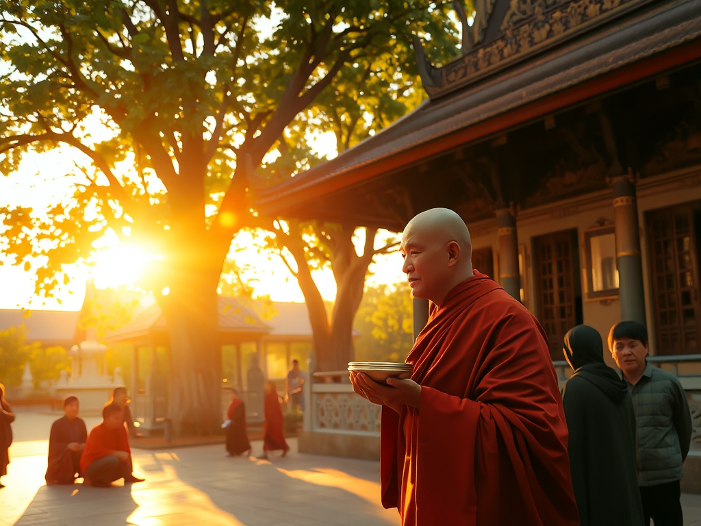 Hình ảnh nhà sư đang bố thí cho tín đồ trong khuôn viên chùa với ánh nắng vàng rực rỡ, kiến trúc Đông Nam Á truyền thống và không gian thanh tịnh