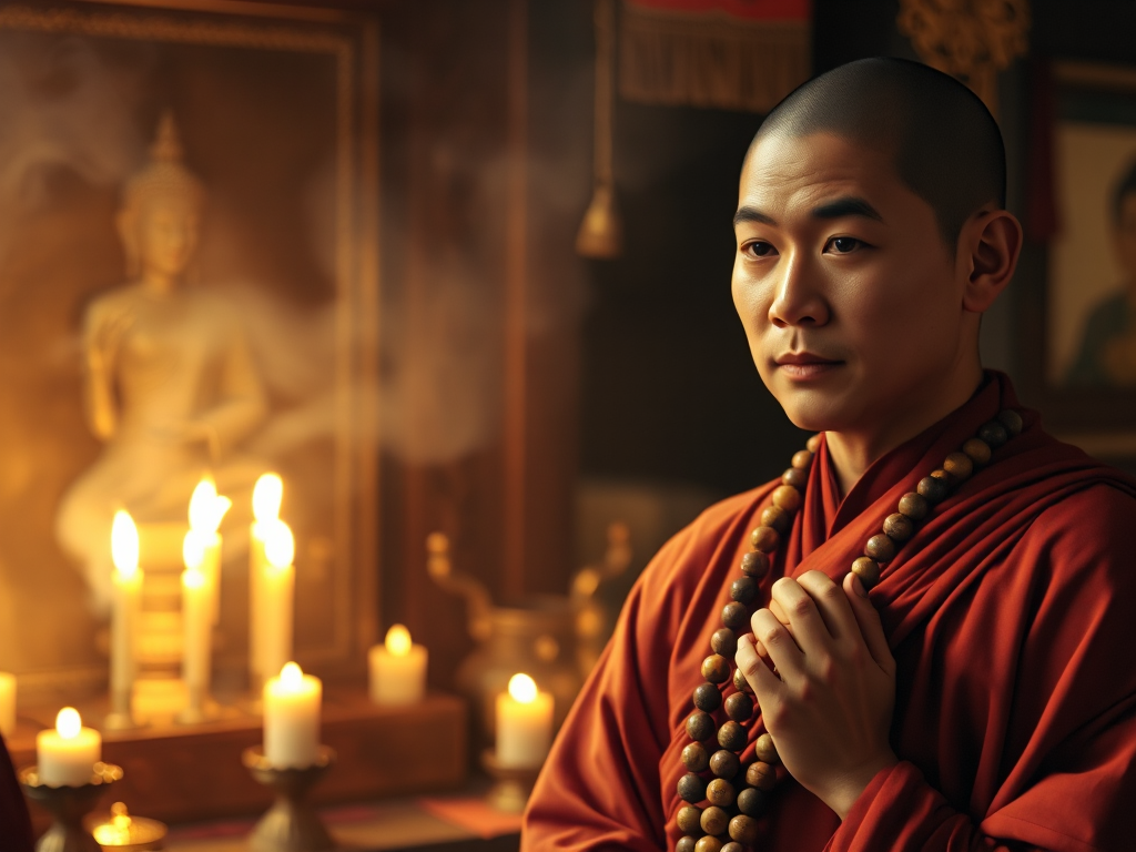Hình ảnh nhà sư đang cầm tràng hạt cầu nguyện trên bàn thờ Phật với ánh nến ấm áp, tạo không gian an lành cho việc niệm kinh cho người bệnh