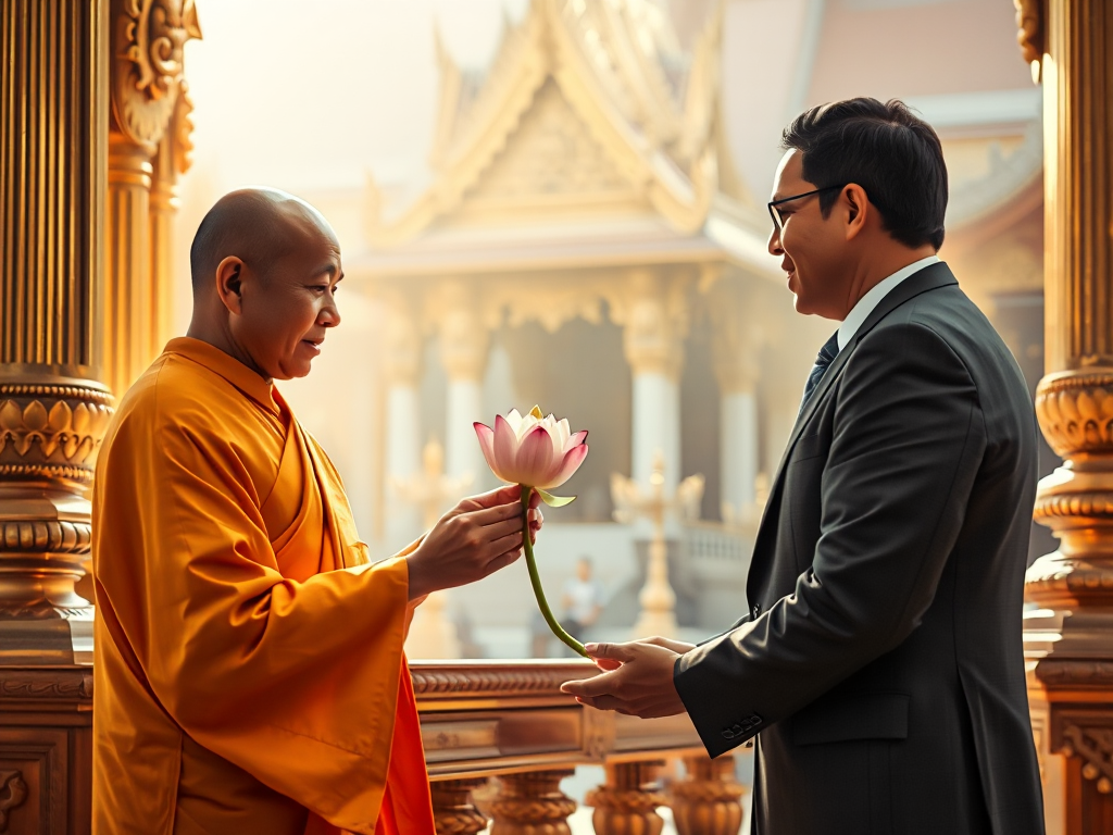 Hình ảnh nhà sư đang cúng dường hoa sen cho doanh nhân tại chùa, thể hiện tinh thần kinh doanh chân chính theo đạo Phật, không gian thanh tịnh và trang nghiêm Hình ảnh nhà sư đang cúng dường hoa sen cho doanh nhân tại chùa, thể hiện tinh thần kinh doanh chân chính theo đạo Phật, không gian thanh tịnh và trang nghiêm
