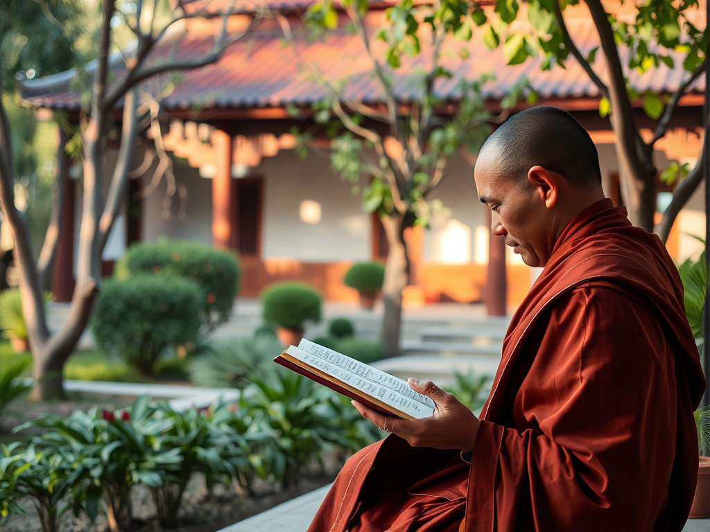 Hình ảnh nhà sư đang đọc kinh Bách Dụ trong khuôn viên chùa thanh tịnh với kiến trúc Việt Nam truyền thống và ánh sáng tự nhiên dịu nhẹ Hình ảnh nhà sư đang đọc kinh Bách Dụ trong khuôn viên chùa thanh tịnh với kiến trúc Việt Nam truyền thống và ánh sáng tự nhiên dịu nhẹ