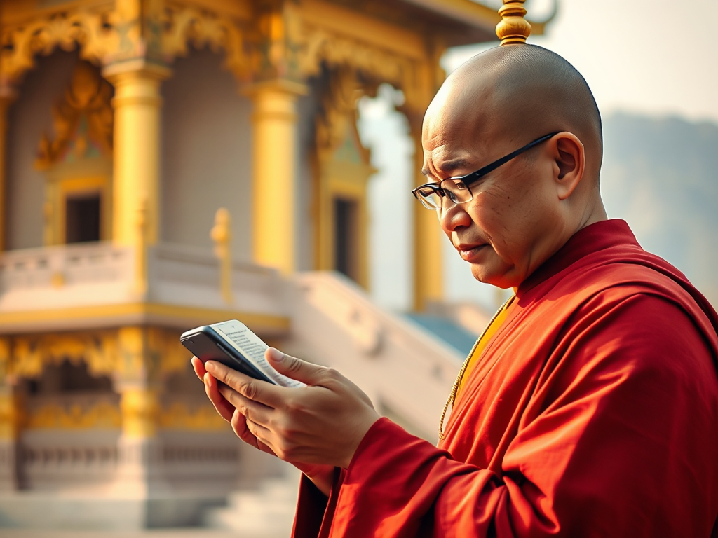 Hình ảnh nhà sư đang đọc kinh Phật trên điện thoại di động trước khung cảnh chùa vàng với ánh sáng buổi sáng dịu nhẹ, thể hiện sự kết hợp giữa công nghệ và tâm linh
