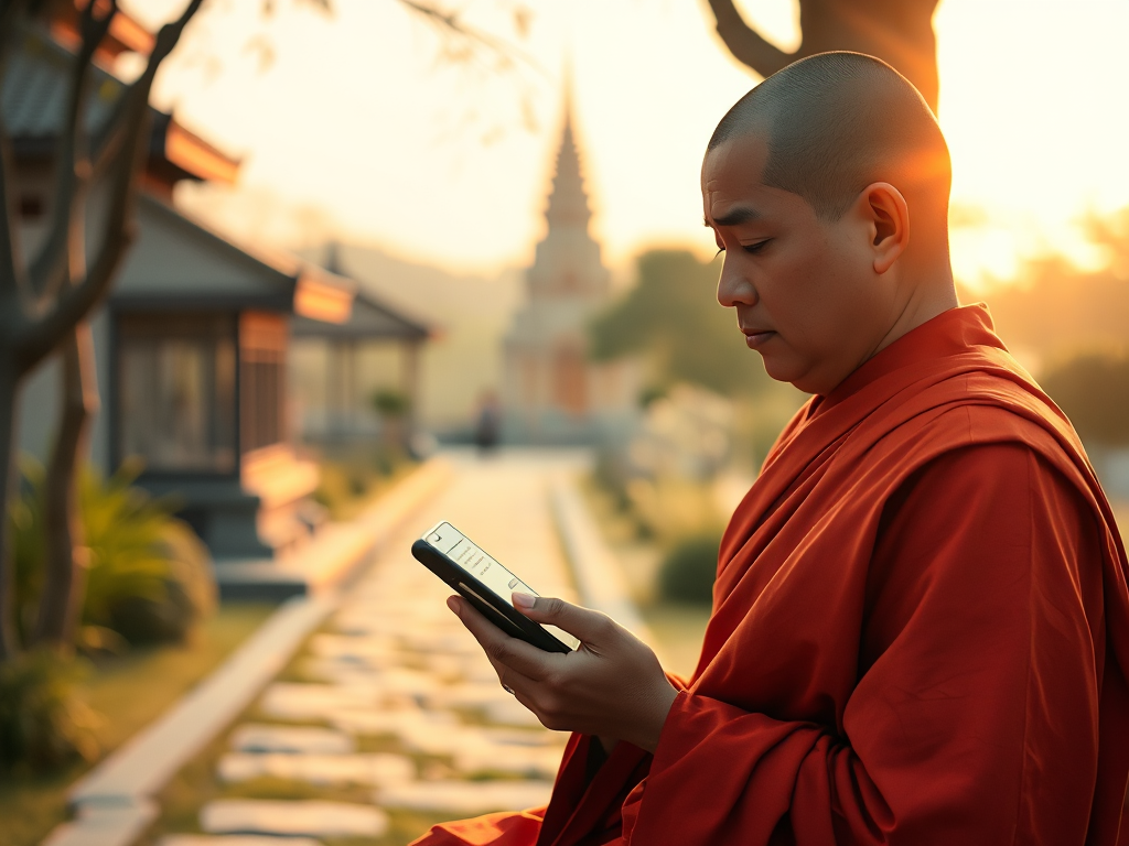 Hình ảnh nhà sư đang đọc kinh Phật trên điện thoại thông minh trong khu vườn chùa yên bình với ánh sáng hoàng hôn dịu nhẹ, thể hiện sự kết hợp giữa truyền thống và công nghệ hiện đại