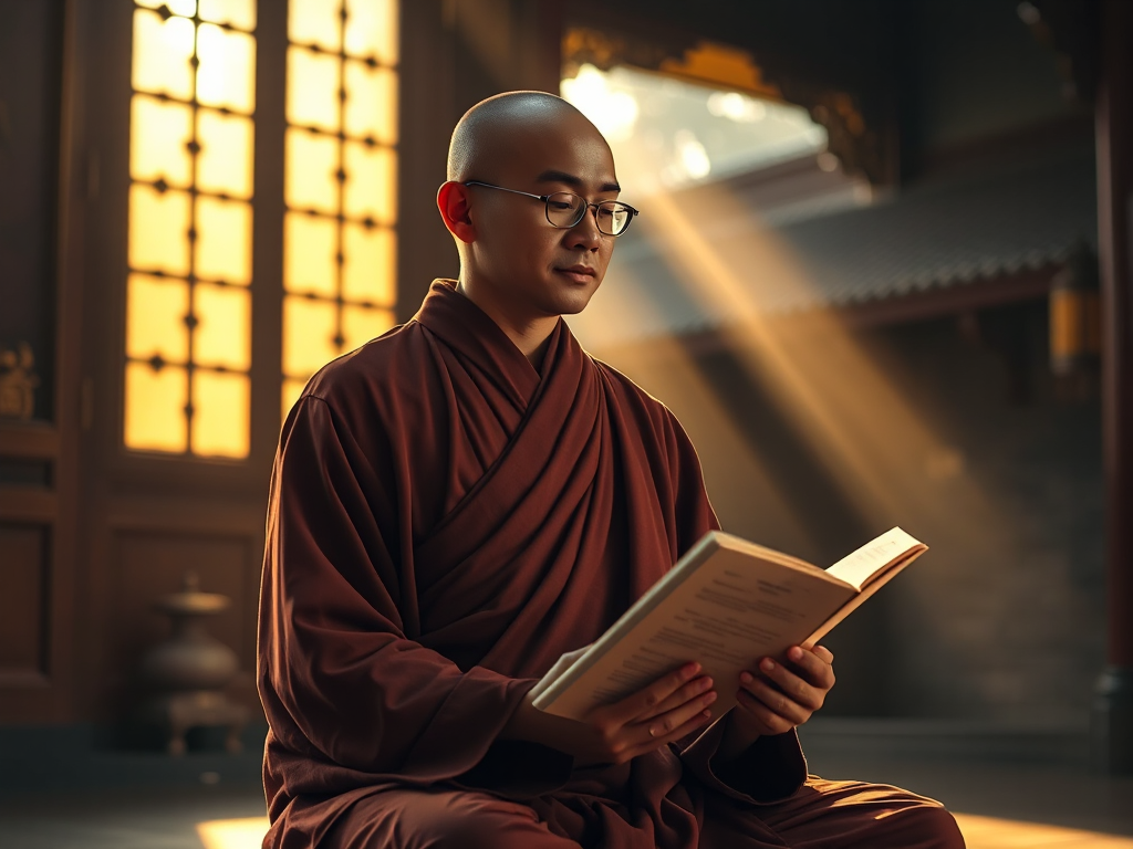 Hình ảnh nhà sư đang ngồi thiền cầm kinh sách cổ, ánh sáng vàng nhẹ từ cửa sổ chùa chiếu vào, khung cảnh kiến trúc Á Đông truyền thống tạo không gian thanh tịnh