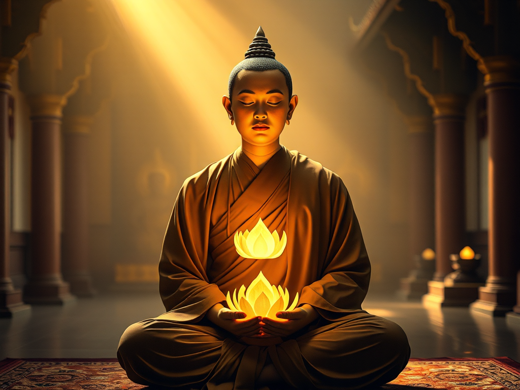 Hình ảnh nhà sư đang ngồi thiền định với hoa sen tỏa sáng trong tay, ánh sáng vàng dịu nhẹ trong không gian chùa thanh tịnh, biểu tượng của sự thanh thản tâm linh