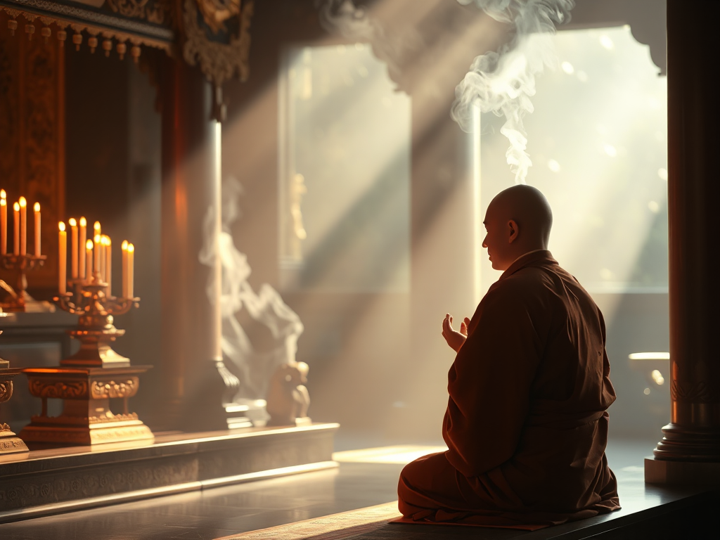 Hình ảnh nhà sư đang ngồi thiền tại bàn thờ chùa với khói hương nghi ngút, ánh sáng vàng dịu nhẹ trong không gian chùa cổ kính truyền thống