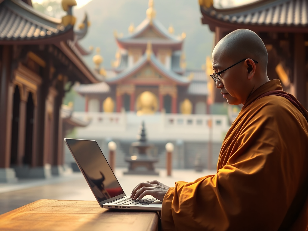 Hình ảnh nhà sư đang sử dụng máy tính để thỉnh kinh sách miễn phí online từ chùa Bửu Long, không gian thanh tịnh với ánh sáng vàng ấm áp, tôn vinh tinh thần từ bi và trí tuệ trong Phật giáo. Hình ảnh nhà sư đang sử dụng máy tính để thỉnh kinh sách miễn phí online từ chùa Bửu Long, không gian thanh tịnh với ánh sáng vàng ấm áp, tôn vinh tinh thần từ bi và trí tuệ trong Phật giáo.