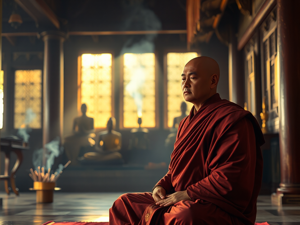 Hình ảnh nhà sư đang thiền định trong chùa cổ kính với ánh sáng vàng dịu nhẹ và khói hương nghi ngút tạo không gian thanh tịnh