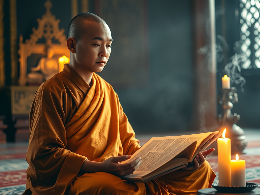 Hình ảnh nhà sư đang thiền định với kinh sách mở trong không gian chùa thanh tịnh, ánh sáng nến vàng ấm áp tỏa ra từ kinh sách, khói hương bay nhẹ trong không gian tâm linh Hình ảnh nhà sư đang thiền định với kinh sách mở trong không gian chùa thanh tịnh, ánh sáng nến vàng ấm áp tỏa ra từ kinh sách, khói hương bay nhẹ trong không gian tâm linh