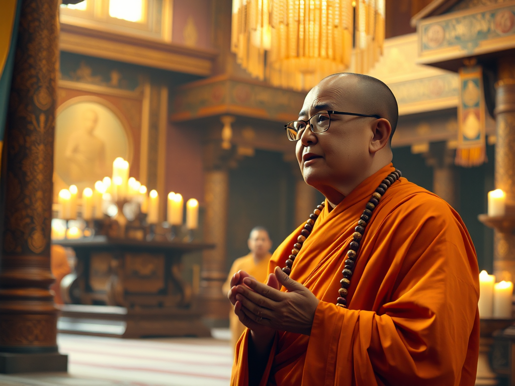 Hình ảnh nhà sư mặc áo cà sa vàng đang tụng kinh Chú Lăng Nghiêm trong chùa cổ kính với ánh nến lung linh, thể hiện truyền thống Phật giáo Á Đông Hình ảnh nhà sư mặc áo cà sa vàng đang tụng kinh Chú Lăng Nghiêm trong chùa cổ kính với ánh nến lung linh, thể hiện truyền thống Phật giáo Á Đông