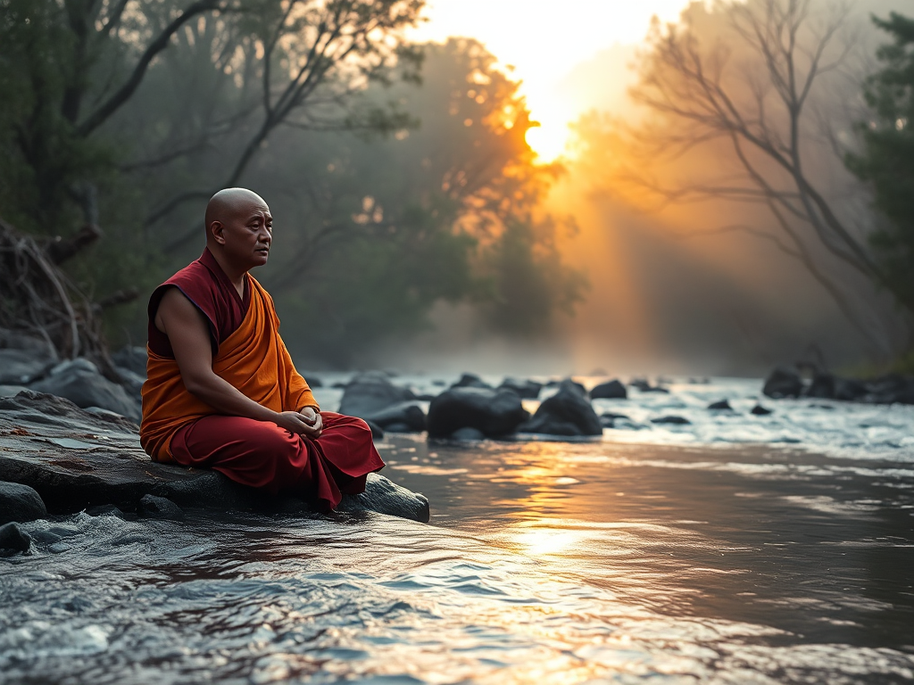 Hình ảnh nhà sư ngồi thiền bên dòng sông vào lúc bình minh, ánh sáng vàng dịu nhẹ xuyên qua sương mù, tạo nên khung cảnh thanh tịnh và thanh bình.