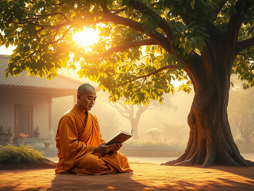 Hình ảnh nhà sư ngồi thiền dưới gốc cây bồ đề, ánh sáng vàng dịu nhẹ xuyên qua tán lá, tạo nên khung cảnh thanh tịnh trong khu vườn chùa truyền thống. Hình ảnh nhà sư ngồi thiền dưới gốc cây bồ đề, ánh sáng vàng dịu nhẹ xuyên qua tán lá, tạo nên khung cảnh thanh tịnh trong khu vườn chùa truyền thống.