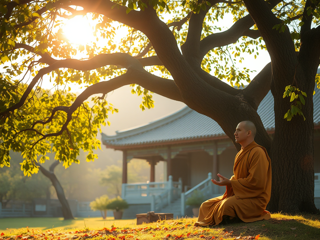 Hình ảnh nhà sư ngồi thiền dưới gốc cây bồ đề cổ thụ vào lúc bình minh, ánh sáng vàng dịu nhẹ xuyên qua tán lá, khung cảnh chùa chiền Trung Hoa truyền thống phía sau tạo nên không gian thanh tịnh t... Hình ảnh nhà sư ngồi thiền dưới gốc cây bồ đề cổ thụ vào lúc bình minh, ánh sáng vàng dịu nhẹ xuyên qua tán lá, khung cảnh chùa chiền Trung Hoa truyền thống phía sau tạo nên không gian thanh tịnh t...