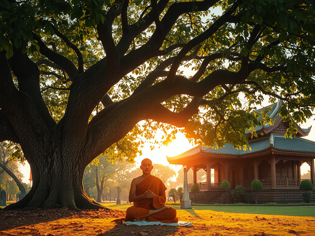 Hình ảnh nhà sư ngồi thiền dưới gốc cây Bồ Đề cổ thụ vào buổi bình minh, ánh sáng vàng rực rỡ xuyên qua tán lá, kiến trúc chùa cổ điển Á Đông phía sau, khung cảnh thiên nhiên thanh bình