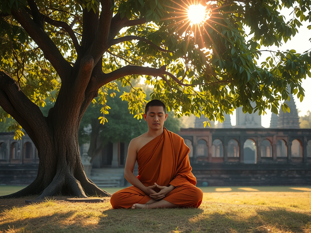 Hình ảnh nhà sư ngồi thiền dưới gốc cây Bồ đề với ánh sáng vàng dịu nhẹ, thể hiện sự thanh tịnh và trí tuệ trong Bát Nhã Tâm Kinh