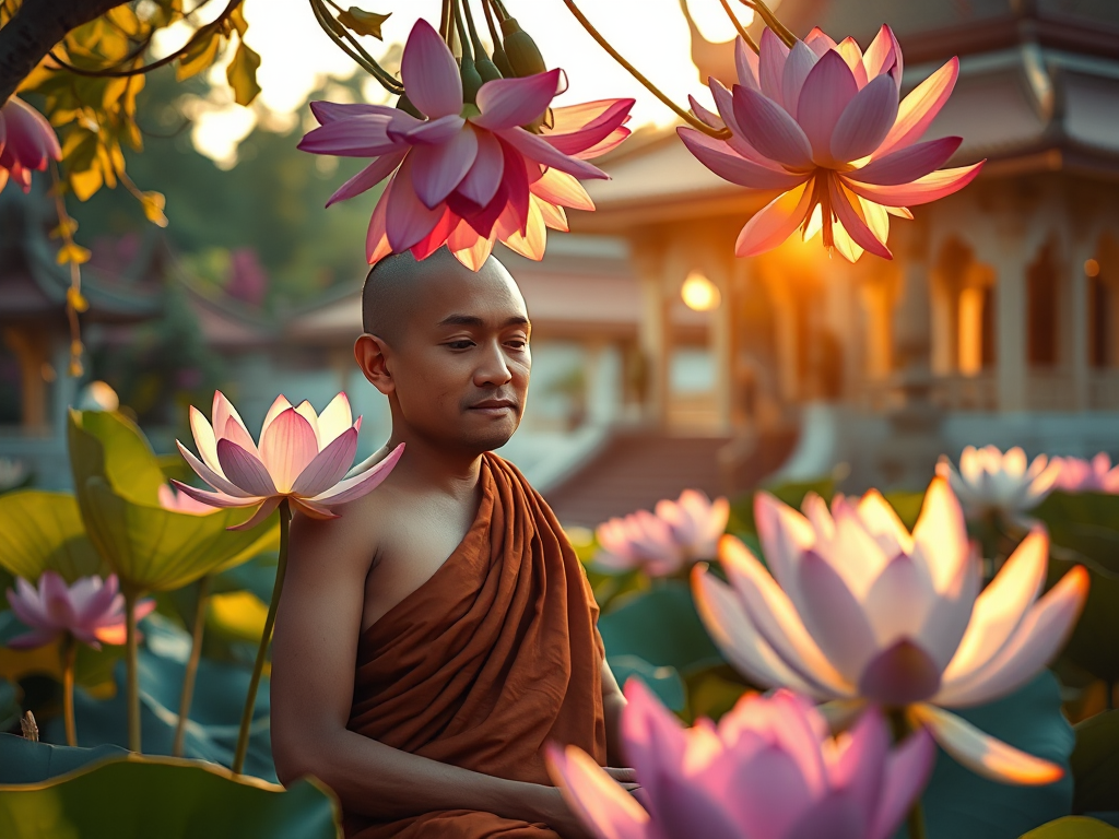 Hình ảnh nhà sư ngồi thiền dưới hoa sen nở rộ vào bình minh, ánh sáng vàng dịu nhẹ tạo không gian thanh tịnh tại chùa cổ kính