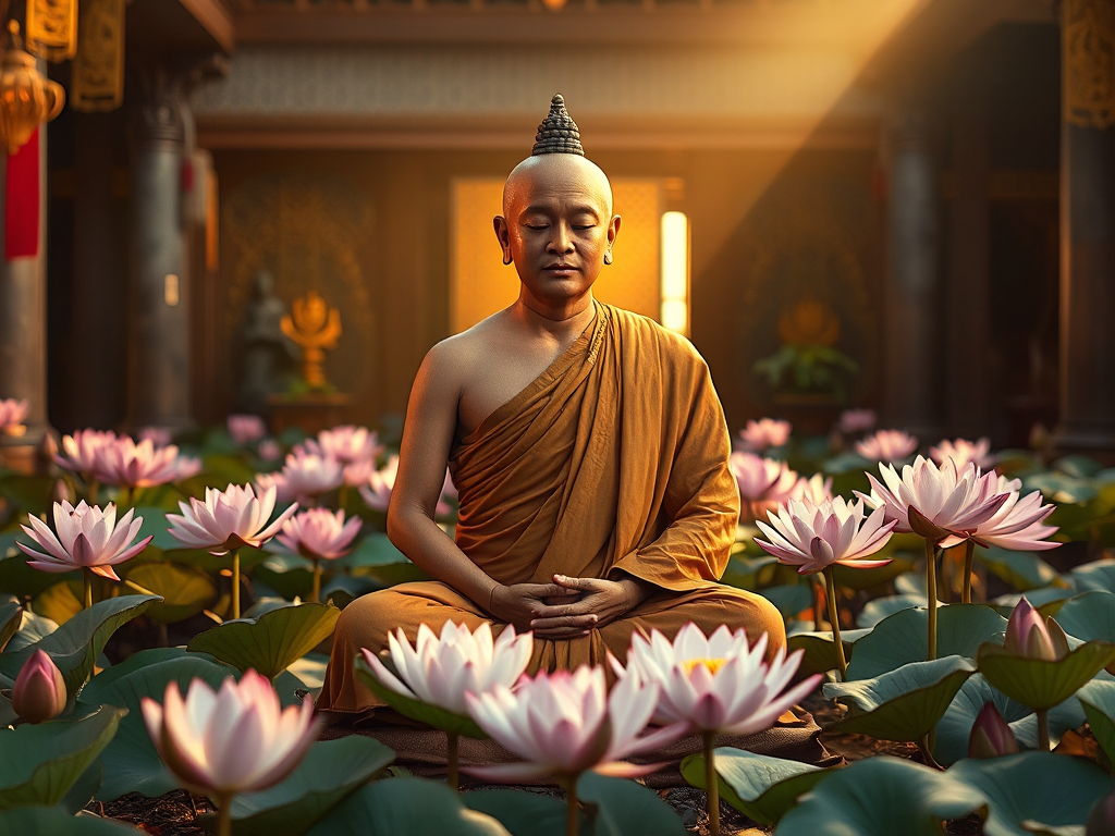 Hình ảnh nhà sư ngồi thiền giữa những bông sen trong ngôi chùa Việt Nam cổ kính với ánh sáng vàng dịu nhẹ, thể hiện sự thanh tịnh và trí tuệ tâm linh