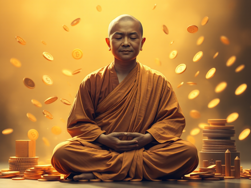 Hình ảnh nhà sư ngồi thiền giữa những đồng tiền vàng và biểu tượng kinh doanh, thể hiện sự kết hợp giữa tinh thần Phật giáo và thương mại đạo đức Hình ảnh nhà sư ngồi thiền giữa những đồng tiền vàng và biểu tượng kinh doanh, thể hiện sự kết hợp giữa tinh thần Phật giáo và thương mại đạo đức