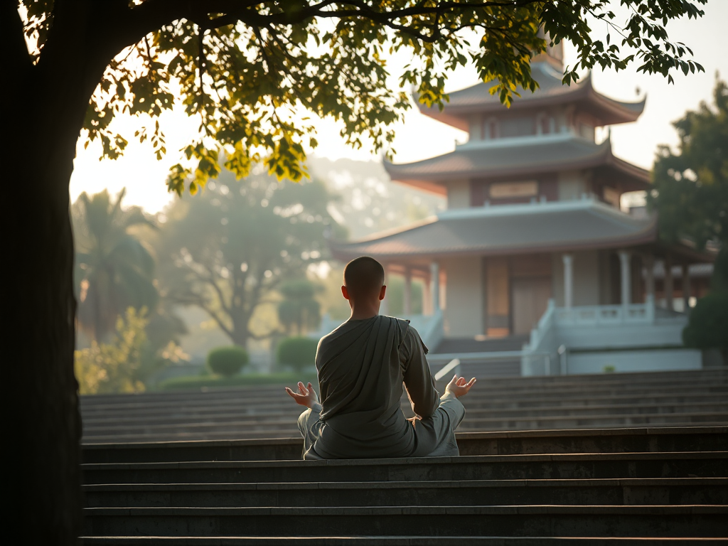 Hình ảnh nhà sư ngồi thiền trên bậc thềm chùa trong ánh sáng dịu nhẹ, thể hiện không gian thanh tịnh của Kinh Tiểu Bộ tại các chùa Bình Dương