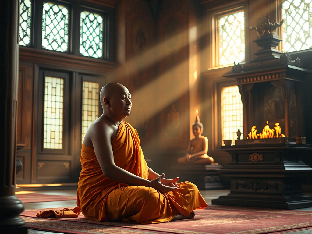 Hình ảnh nhà sư ngồi thiền trên bệ thờ cổ kính với ánh sáng vàng dịu nhẹ, tạo không gian tâm linh thanh tịnh cho lễ cầu an đầu năm mới