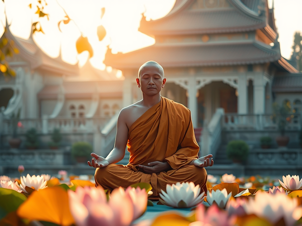 Hình ảnh nhà sư ngồi thiền trên đài sen trong không gian thanh tịnh của chùa chiền, tượng trưng cho sự giác ngộ và tinh thần Kinh Giải Thâm Mật trong đời sống Phật tử.