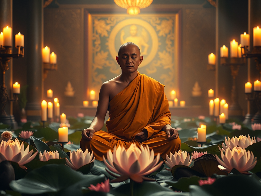 Hình ảnh nhà sư ngồi thiền trên hoa sen trong chùa cổ kính với ánh nến vàng dịu, thể hiện không gian tâm linh thanh tịnh của Kinh Giải Thâm Mật