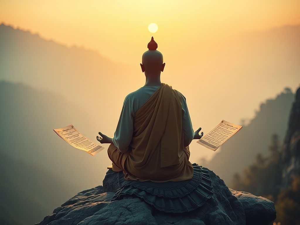 Hình ảnh nhà sư ngồi thiền trên vách núi cao vào lúc bình minh, ánh sáng dịu nhẹ chiếu lên những bản kinh Phật giáo bay lơ lửng xung quanh, tạo nên khung cảnh thanh tịnh và tĩnh lặng