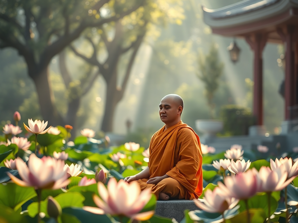 Hình ảnh nhà sư ngồi thiền trong khu vườn chùa thanh tịnh với hoa sen nở rộ và ánh sáng mặt trời dịu nhẹ, tượng trưng cho hành trình thay đổi tâm hồn theo Kinh Phật. Hình ảnh nhà sư ngồi thiền trong khu vườn chùa thanh tịnh với hoa sen nở rộ và ánh sáng mặt trời dịu nhẹ, tượng trưng cho hành trình thay đổi tâm hồn theo Kinh Phật.