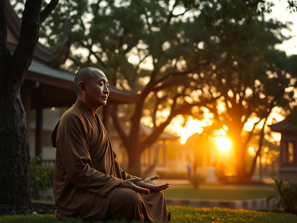 Hình ảnh nhà sư ngồi thiền trong khuôn viên chùa yên tĩnh vào buổi sáng sớm, ánh sáng dịu nhẹ tạo không gian thanh tịnh thích hợp cho việc tụng kinh
