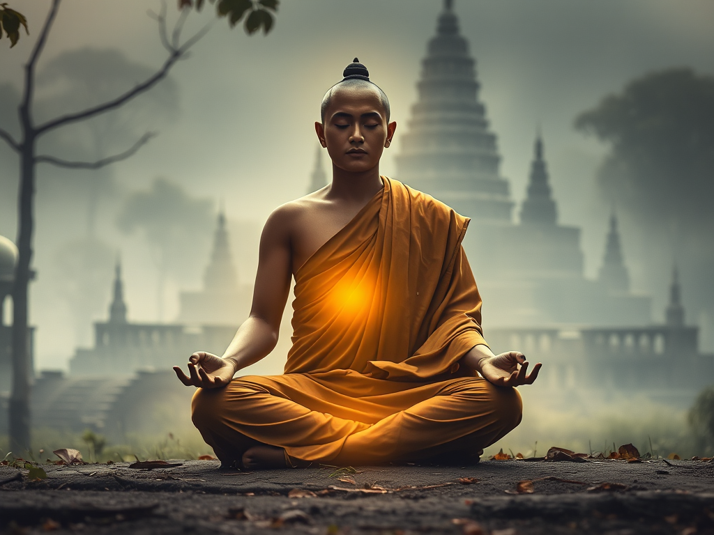 Hình ảnh nhà sư ngồi thiền trong tư thế hoa sen, ánh sáng vàng rực rỡ tỏa ra từ thân thể, khung cảnh đền cổ trong rừng sương mù, tạo nên không gian tâm linh thanh tịnh