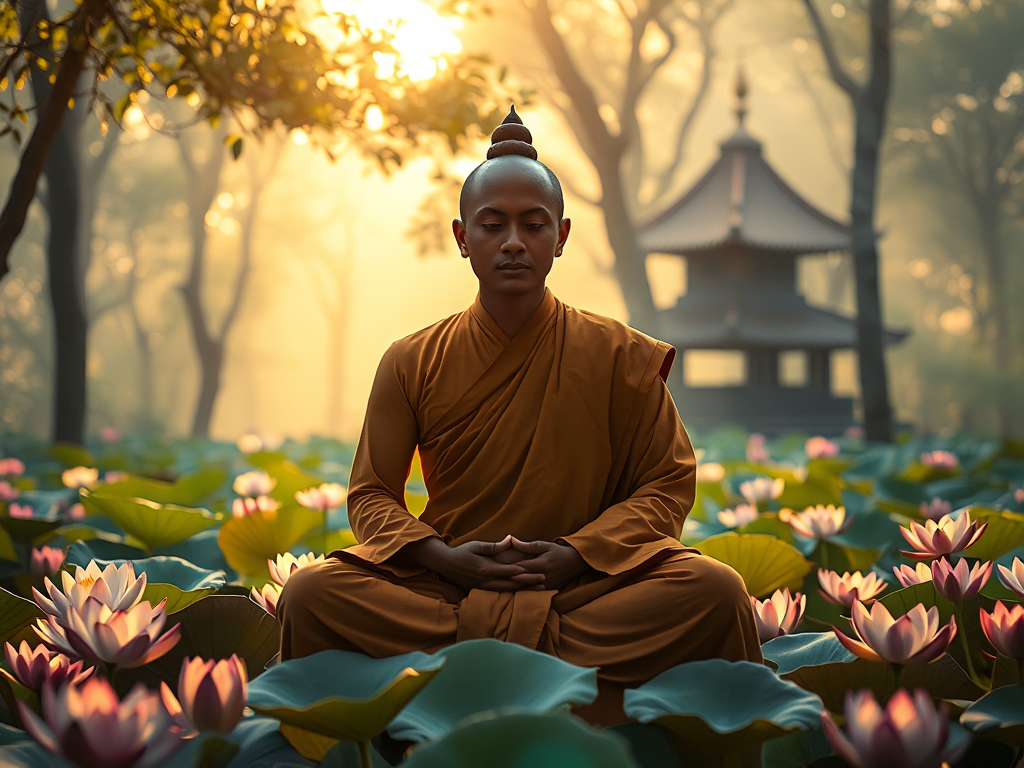 Hình ảnh nhà sư ngồi thiền trong tư thế hoa sen giữa những đóa sen thanh khiết, ánh sáng vàng dịu nhẹ, khung cảnh chùa rừng thanh tịnh, thể hiện sự tu tập tâm linh trong Kinh Tập