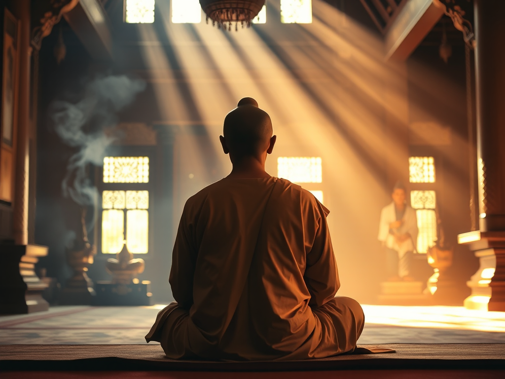 Hình ảnh nhà sư ngồi thiền trong tư thế hoa sen tại chùa Phật giáo, ánh sáng vàng nhẹ nhàng chiếu qua cửa sổ, khói hương nghi ngút tạo không gian thanh tịnh