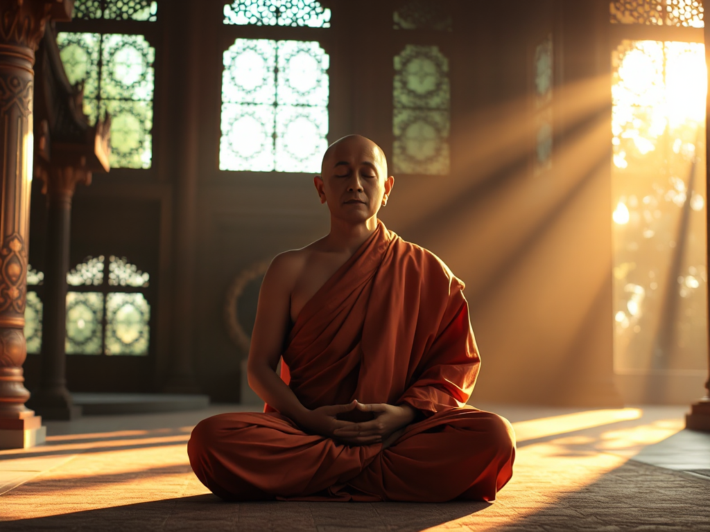 Hình ảnh nhà sư ngồi thiền trong tư thế hoa sen tại chùa cổ, ánh sáng vàng rực rỡ chiếu qua cửa sổ, không gian tâm linh thanh tịnh