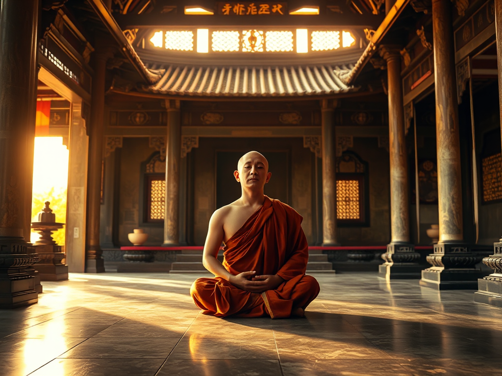 Hình ảnh nhà sư ngồi thiền trong tư thế hoa sen tại chùa cổ kính, ánh sáng vàng dịu tạo không gian thanh tịnh, kiến trúc Á Đông truyền thống, thể hiện tinh thần Kinh Vô Lượng Nghĩa